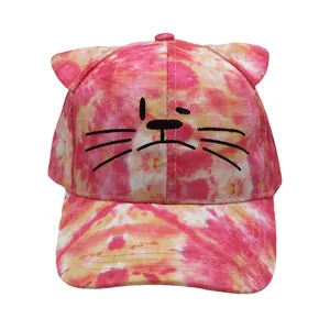 Pink and orange tie-dye kids baseball cap with 3D cat ears and cat face embroidery