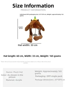 Detailed size chart for plush Capybara hat with moving ears and dimensions 60cm by 33cm