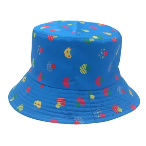 Detail view of colorful mushroom print on a navy blue bucket hat with reinforced stitching