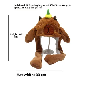 Detail showing dimensions of brown plush capybara hat with moving ears, 60cm high and 33cm wide