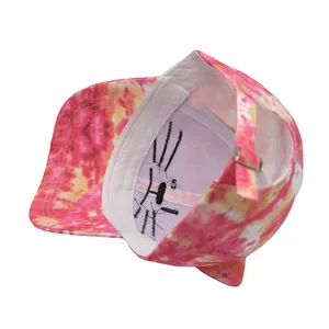 Detail of adjustable metal buckle and cute cat whisker embroidery on tie-dye baseball cap