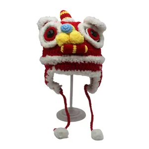 Handmade Lion Dance Crochet Hat Warm Winter Acrylic Knit Beanie With Earflaps Pom Poms For Kids Adults New Year Festive Hat