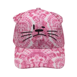 Detailed embroidery of cat whiskers and 3D ears on pink tie-dye children's baseball cap