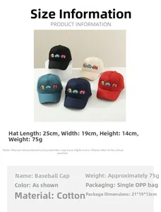 Tableau des tailles pour casquette enfant en coton avec dimensions et poids de 75g