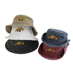 Chapeau Bob Enfants en Coton Lavé Avec Broderie Excavatrice Protection Solaire Dessin Animé pour Garçons Filles