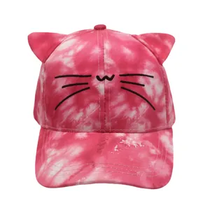 Cute kids baseball cap with cat ears and embroidery in pink and white tie-dye cotton