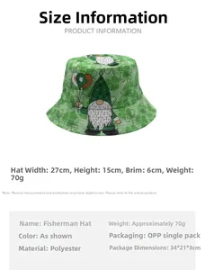 Size details of the St. Patrick's Day green clover bucket hat made of polyester fabric