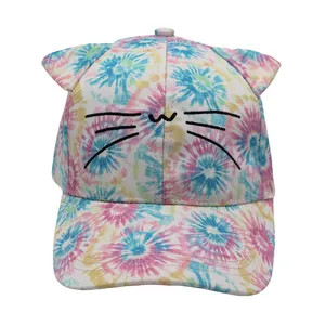 Cute Kids Cartoon Cat Ears Tie Dye Baseball Cap Cotton Embroidery Sun Protection Adjustable Snapback Hat For Boys Girls Accessory