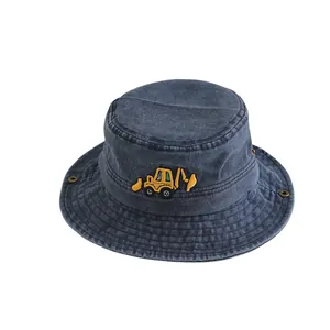 Chapeau bob enfant en coton lavé bleu marine avec broderie de pelleteuse jaune