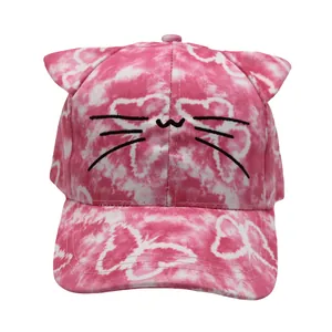 Pink tie-dye kids baseball cap with cute cat ears and embroidered whiskers detail