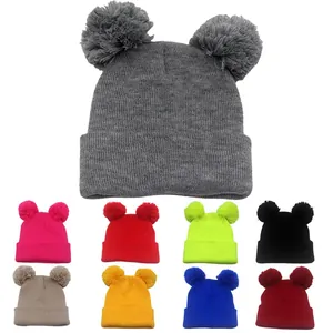 Berretto a Maglia Invernale Caldo Con Doppio Pompon Donna Uomo Acrilico Tinta Unita Orecchio di Topo Outdoor Cappello
