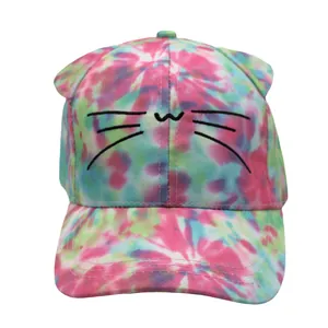 Kids tie-dye baseball cap with 3D cat ears and cute embroidered cat face whiskers