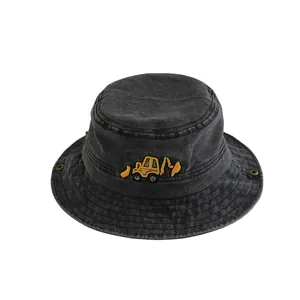 Chapeau bob en coton lavé noir pour enfants avec broderie de pelleteuse jaune