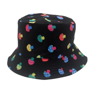 Cappello a secchiello nero per bambini con stampa di funghi colorati e tesa larga