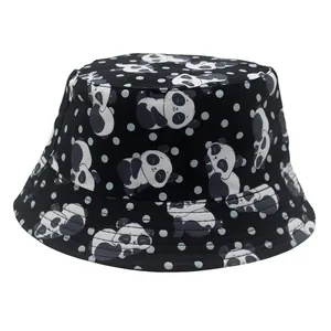 Cappello a secchiello reversibile per bambini con panda e pois su tessuto nero