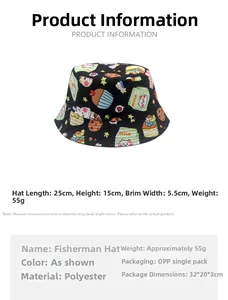 Detailed size chart for kids cartoon bear bucket hat with 55cm circumference measurements