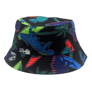 Cappello alla pescatora nero per bambini con dinosauri colorati e palme per il sole