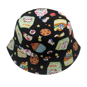 Detail view of colorful cartoon milk and cake patterns on black cotton bucket hat