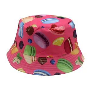 Sombrero de sol rosa para niños con estampados de macaron y frutas de ala ancha
