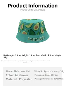 Détails du chapeau bob motif avocat avec dimensions de 15cm de haut et bord de 5,5cm