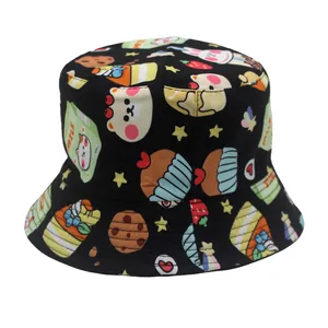 Detailed pattern of a black kids bucket hat with cute bears and strawberry cupcake prints