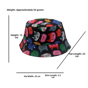 Chapeau bob enfant imprimé chat avec dimensions 25cm de long et bord de 5,5cm en détail