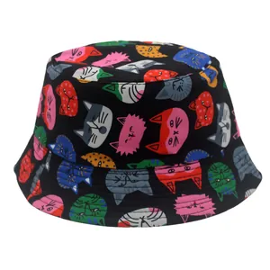 Chapeau Bob pour Enfants Imprimé Chat Mignon en Polyester Respirant Protection Solaire Chapeau de Pêcheur pour Garçons Filles