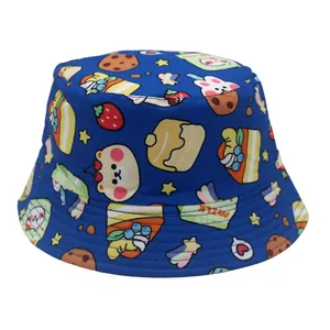 Kids navy blue sun hat with all-over cartoon bear and strawberry cake print