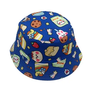 Detailed close-up of blue children bucket hat with cute cartoon animal print and milk pattern