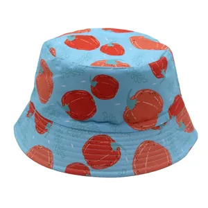 Kids light blue bucket hat with red pumpkin print for sun protection and outdoor activities