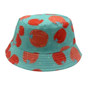 Kids green bucket hat with red pumpkin print, stylish outdoor sun protection for children