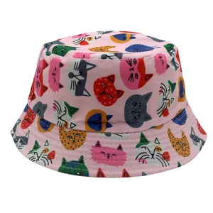 Chapeau de soleil réversible rose en coton pour enfants avec motifs chats colorés