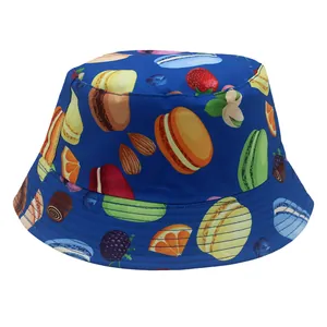 Sombrero de sol para niños azul marino con patrones de macaron y frutas de ala ancha