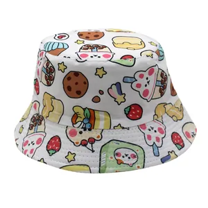White kids bucket hat featuring colorful cartoon dessert and bear prints for sun protection