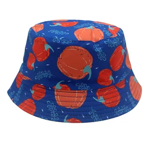 Royal blue kids bucket hat with orange pumpkin and leaf print for outdoor sun protection