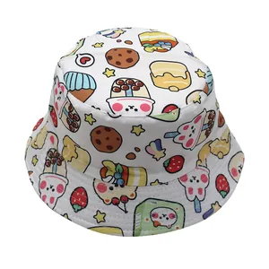 Detail of white kids bucket hat with colorful cartoon cupcake and cookie prints
