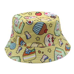 Yellow kids bucket hat featuring cute cartoon bear and milk print in soft cotton