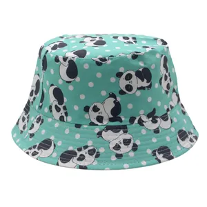 Cappello a secchiello per bambini verde menta con stampe panda e pois bianchi