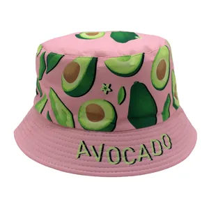 Chapeau bob rose pour enfants avec imprimé avocat dessin animé et broderie verte