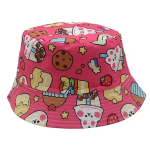 Close-up of cute cartoon rabbit and strawberry prints on rose red kids bucket hat