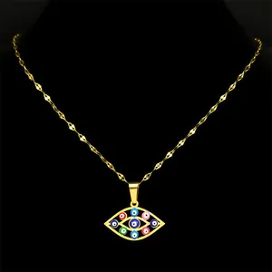 Gold evil eye necklace with colorful enamel pendant on a stainless steel water wave chain