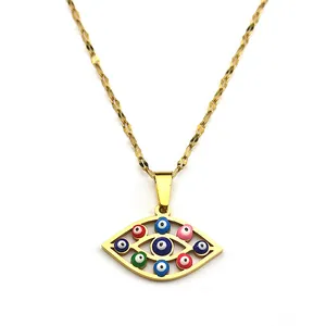 Golden stainless steel evil eye necklace with colorful enamel charms for women