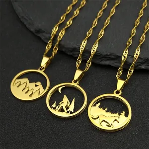Golden stainless steel triple layer necklace with forest moon and horse pendants