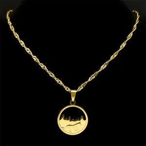 Detailed view of golden triple-layered necklace with horse forest moon pendant