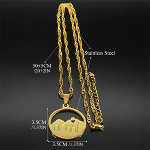 Gold stainless steel triple layer necklace with forest and moon silhouette pendant