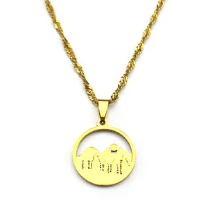 Three-layer golden stainless steel necklace with a round forest and moon pendant