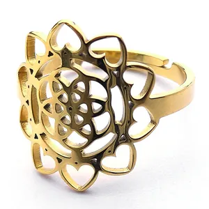 Detailed close-up of golden Flower of Life ring featuring intricate hollow geometry