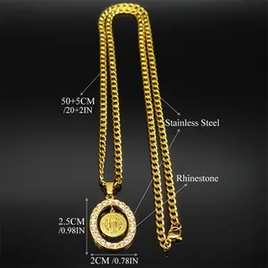 Gold St. Benedict pendant necklace in stainless steel with rhinestones and Cuban chain
