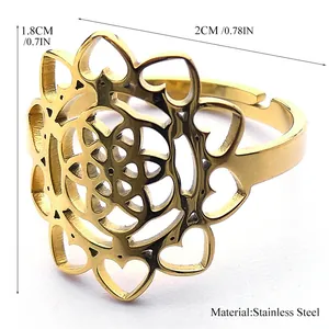 Golden Flower of Life stainless steel ring with sacred geometry镂空 adjustable design