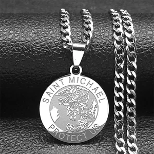 Detail of Saint Michael protect us relief on silver stainless steel pendant